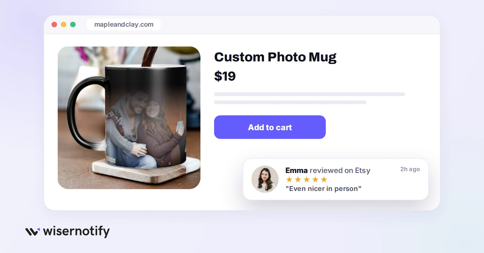 WiserNotify popup on a seller's own product page showing a 5-star Etsy review