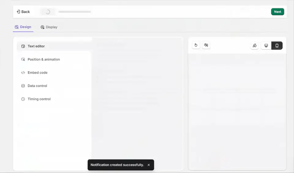 Customizing the WiserNotify popup design: text editor, click actions, position, style, and timing control