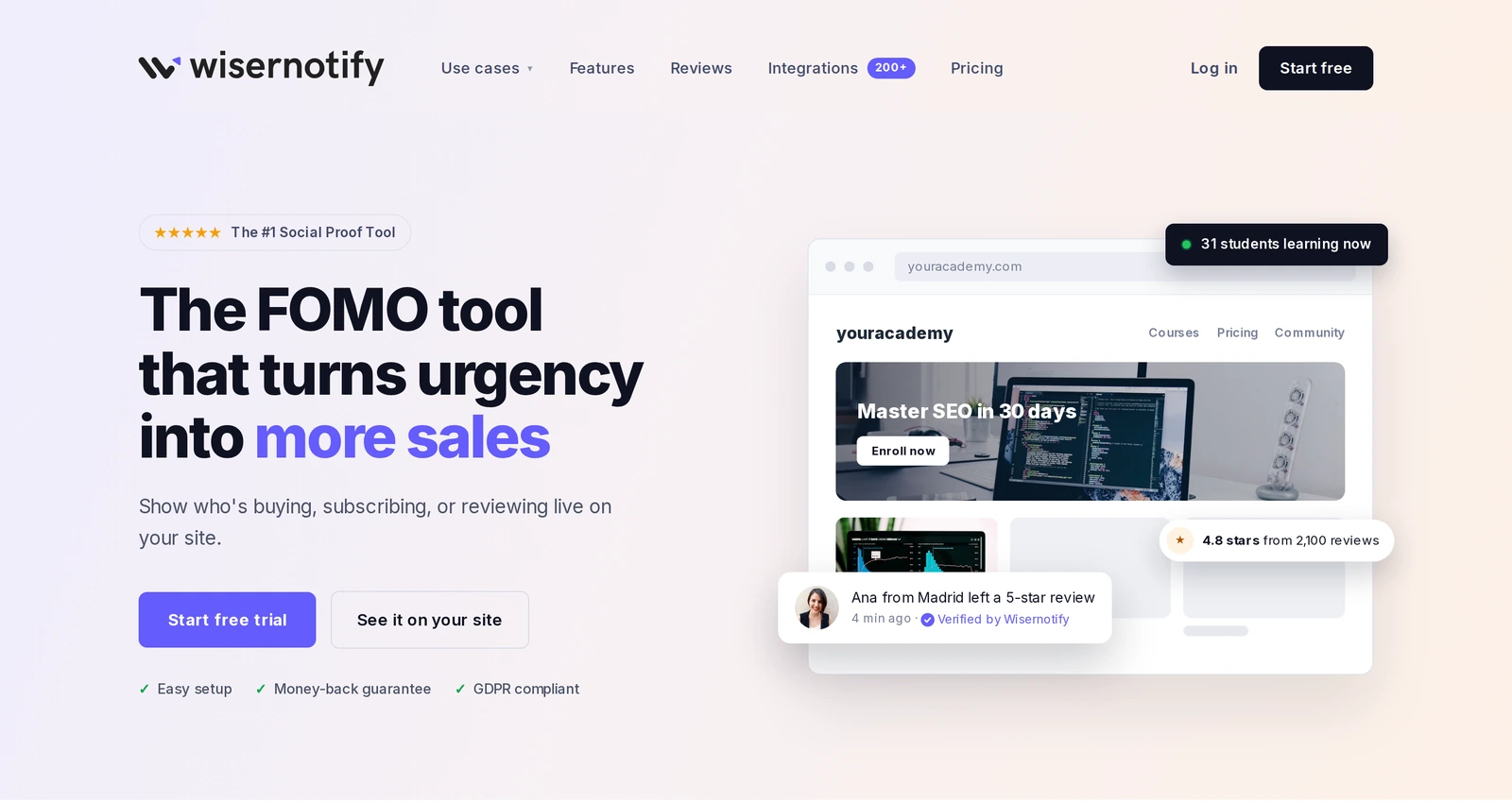 WiserNotify homepage showing live social proof notifications for signups, reviews, and visitors