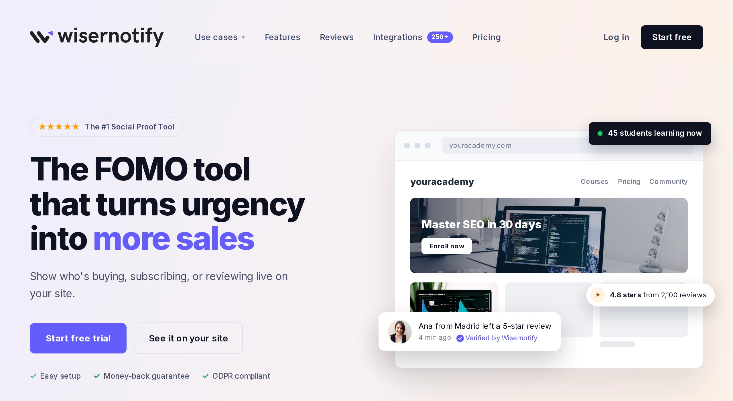 WiserNotify homepage showing live review, visitor count and rating notifications on a demo course site