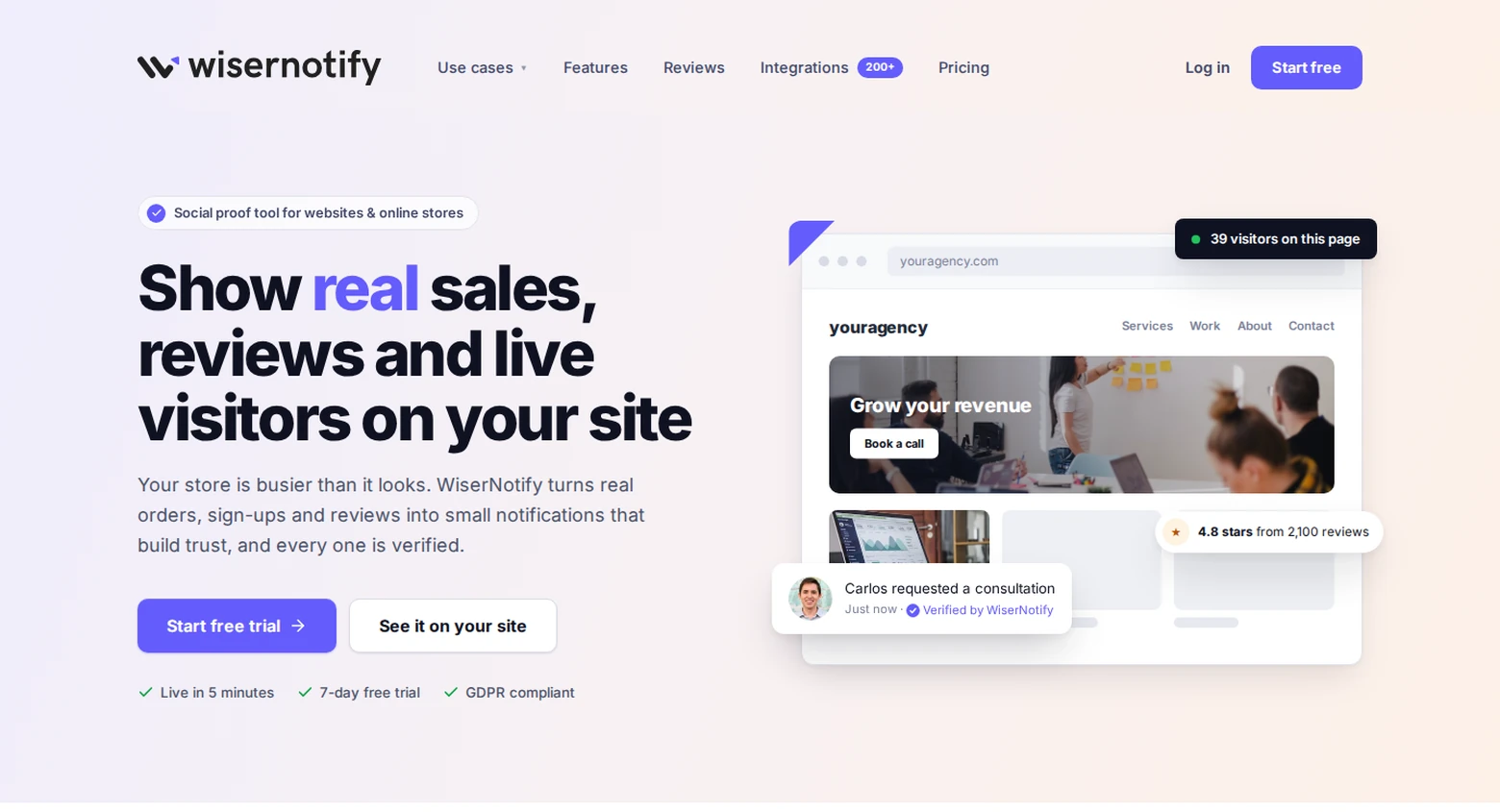 WiserNotify homepage with the headline Show real sales, reviews and live visitors on your site