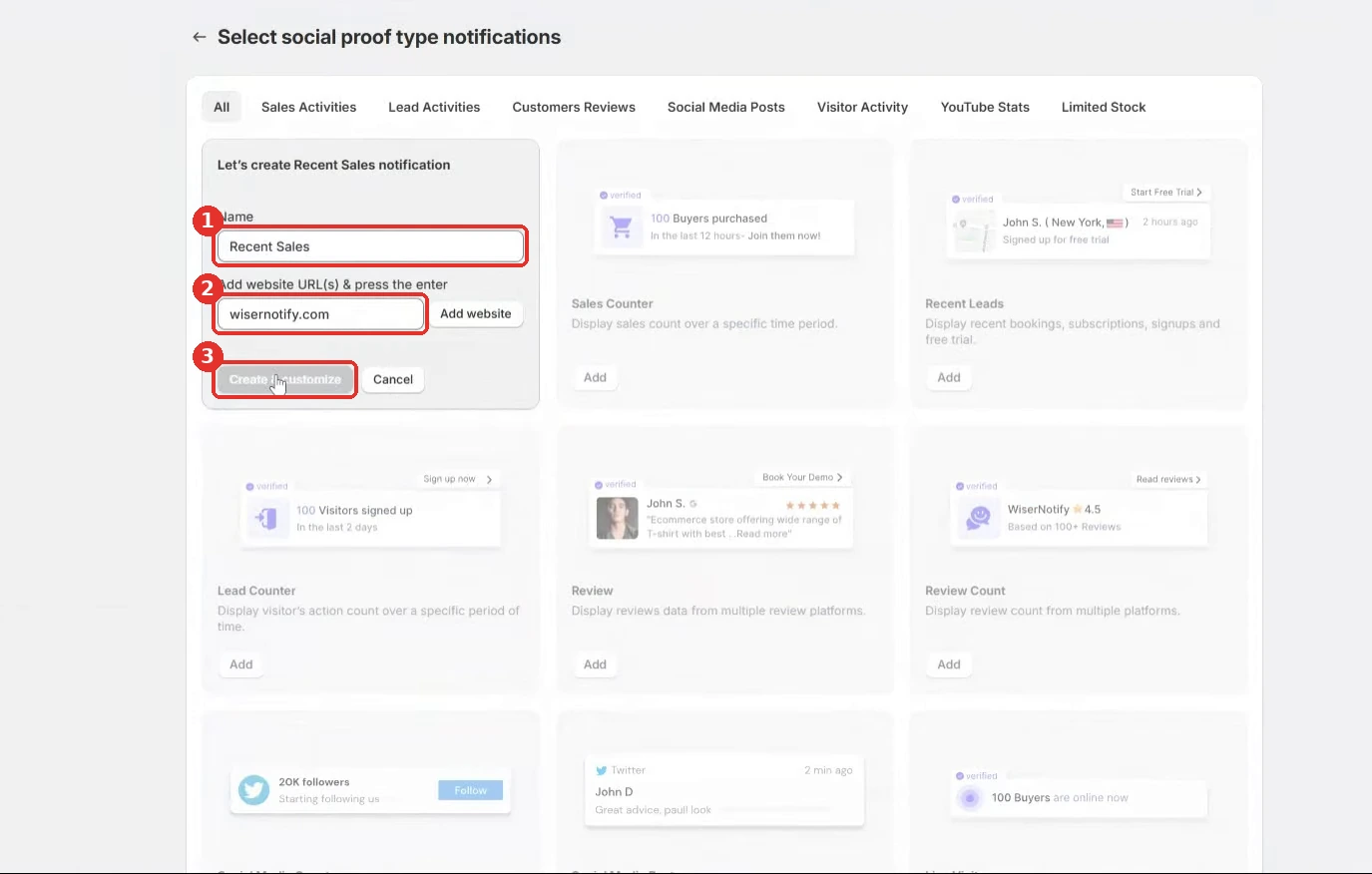 WiserNotify create Recent Sales notification window with the name and website fields