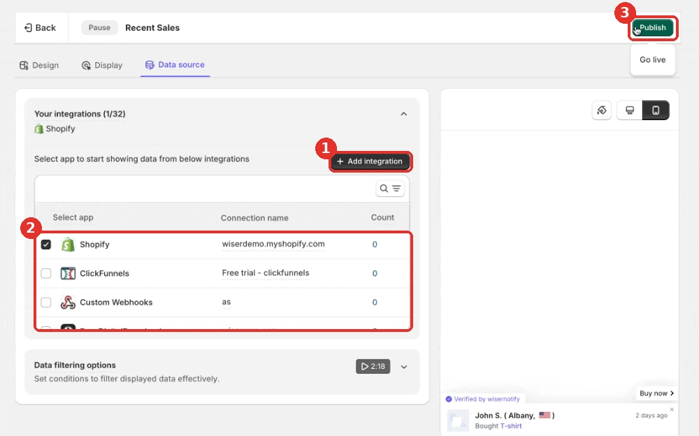 WiserNotify Data source tab with the Add integration button and the Publish button