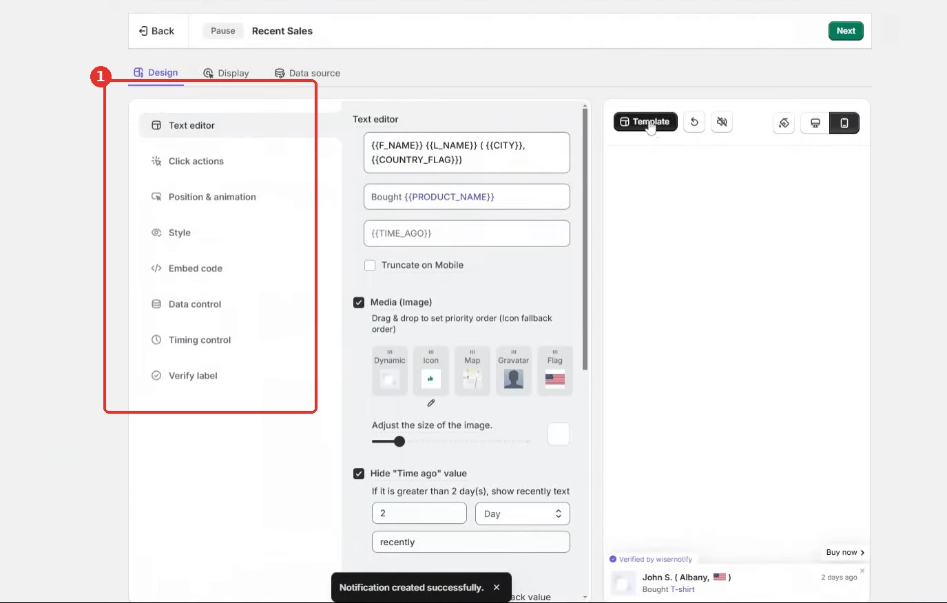 WiserNotify Recent Sales Design tab with Text editor, Click actions, Position and animation, Style, and Timing control