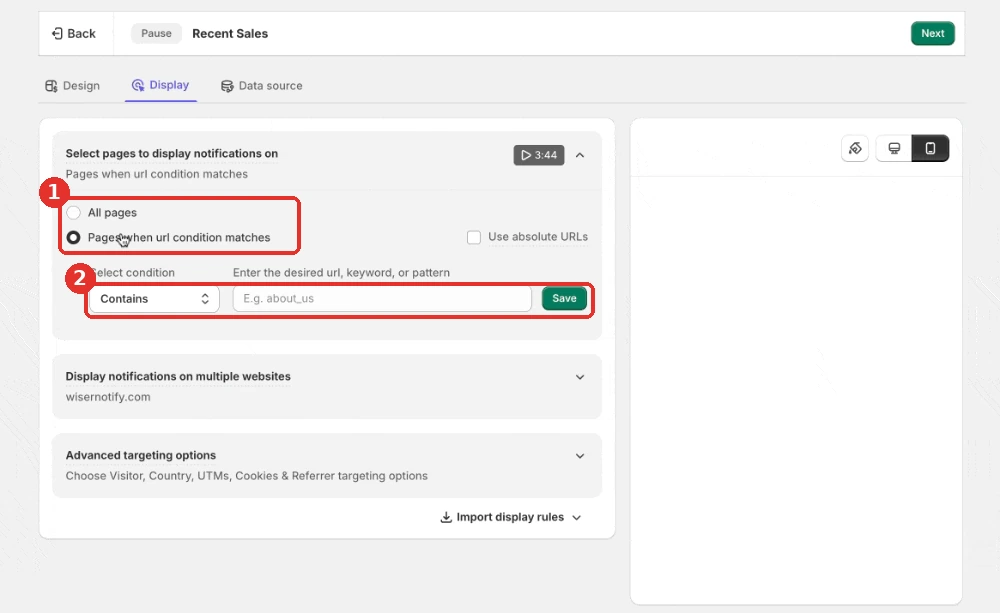 WiserNotify Display tab with the All pages option and the Pages when URL condition matches rule