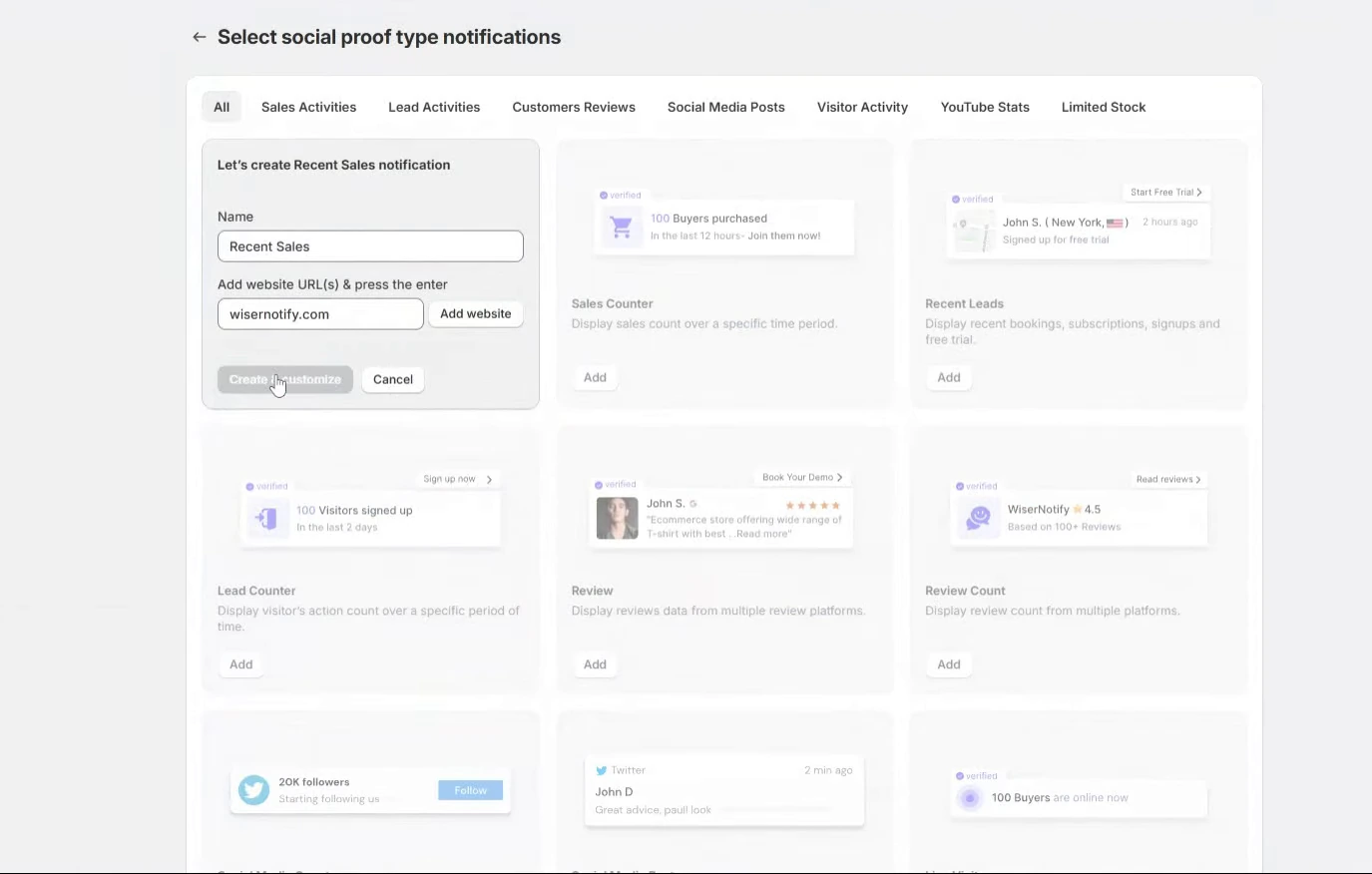Let's create Recent Sales notification form with Name and website URL fields