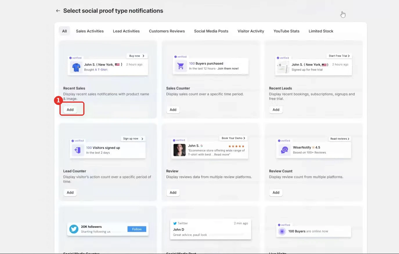 WiserNotify Select social proof type notifications page with the Add button on the Recent Sales card