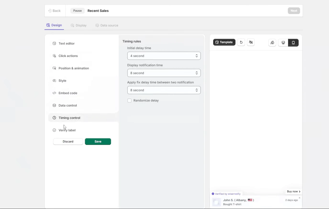 WiserNotify Recent Sales Design tab with Timing control delays and a live preview