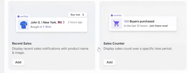 Recent Sales and Sales Counter notification cards side by side in WiserNotify