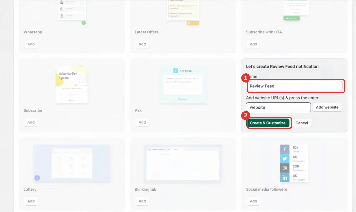 WiserNotify Let's create Review Feed notification window with the Name field and the Create and Customize button highlighted
