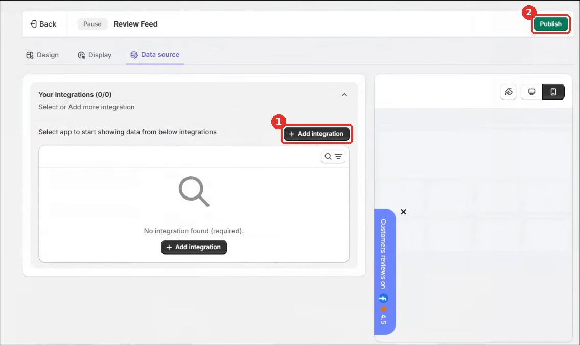 WiserNotify Review Feed Data source tab with the Add integration button and the Publish button highlighted