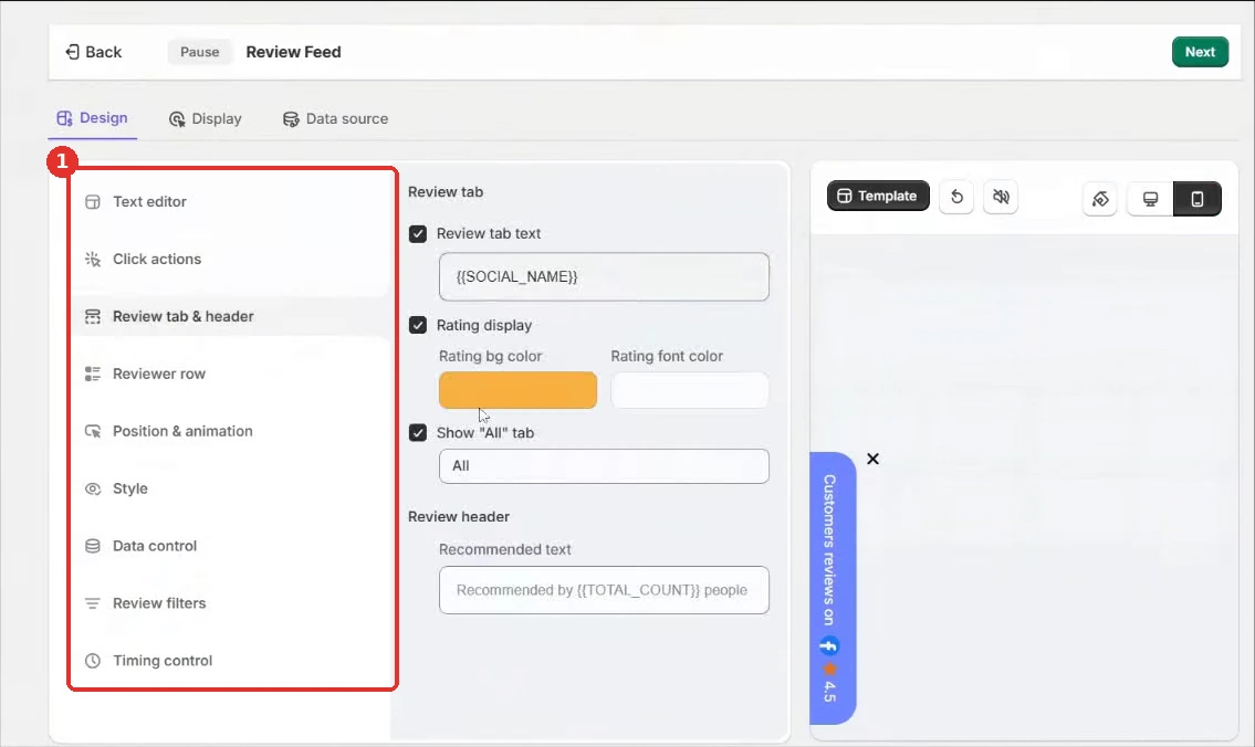 WiserNotify Review Feed Design tab with the Review tab and header options and the design menu highlighted