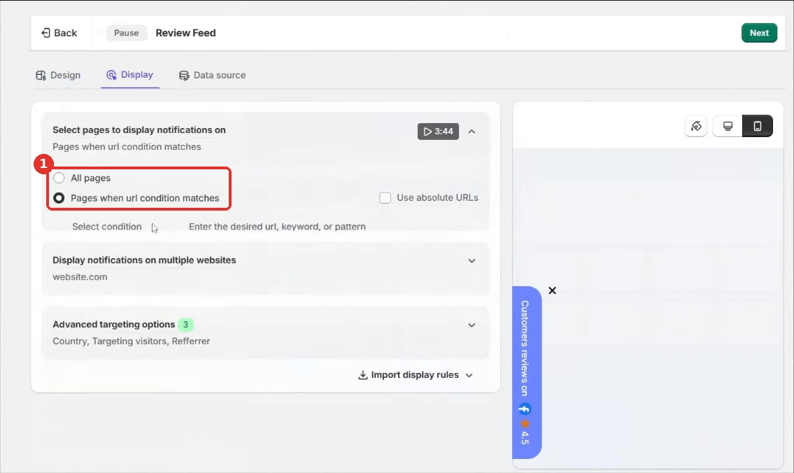 WiserNotify Review Feed Display tab with the All pages and Pages when URL condition matches options highlighted