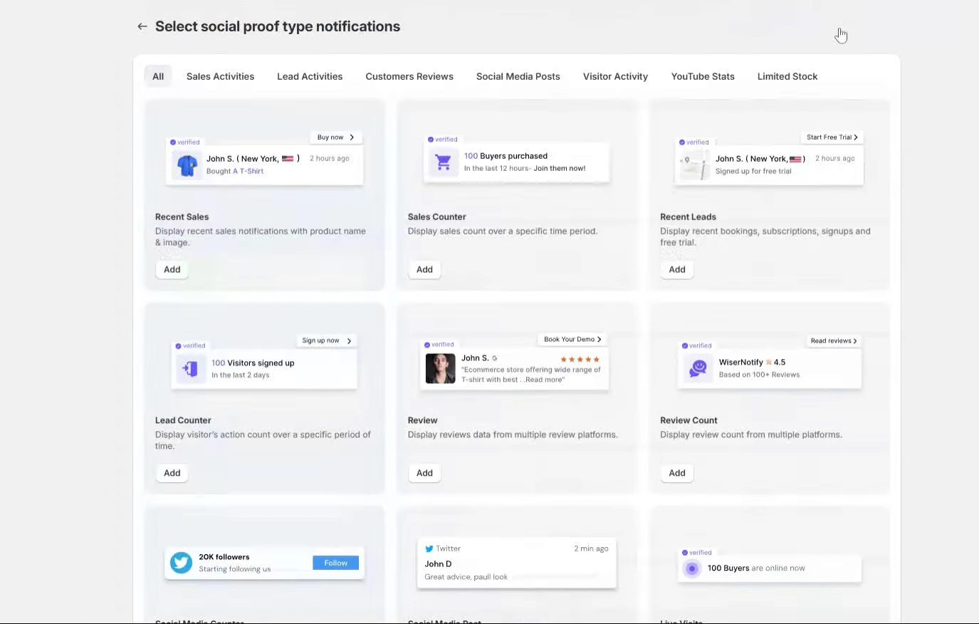 WiserNotify Select social proof type notifications screen with Recent Sales as the first card