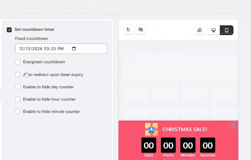 WiserNotify Set countdown timer panel with the Fixed countdown date and the Evergreen countdown option