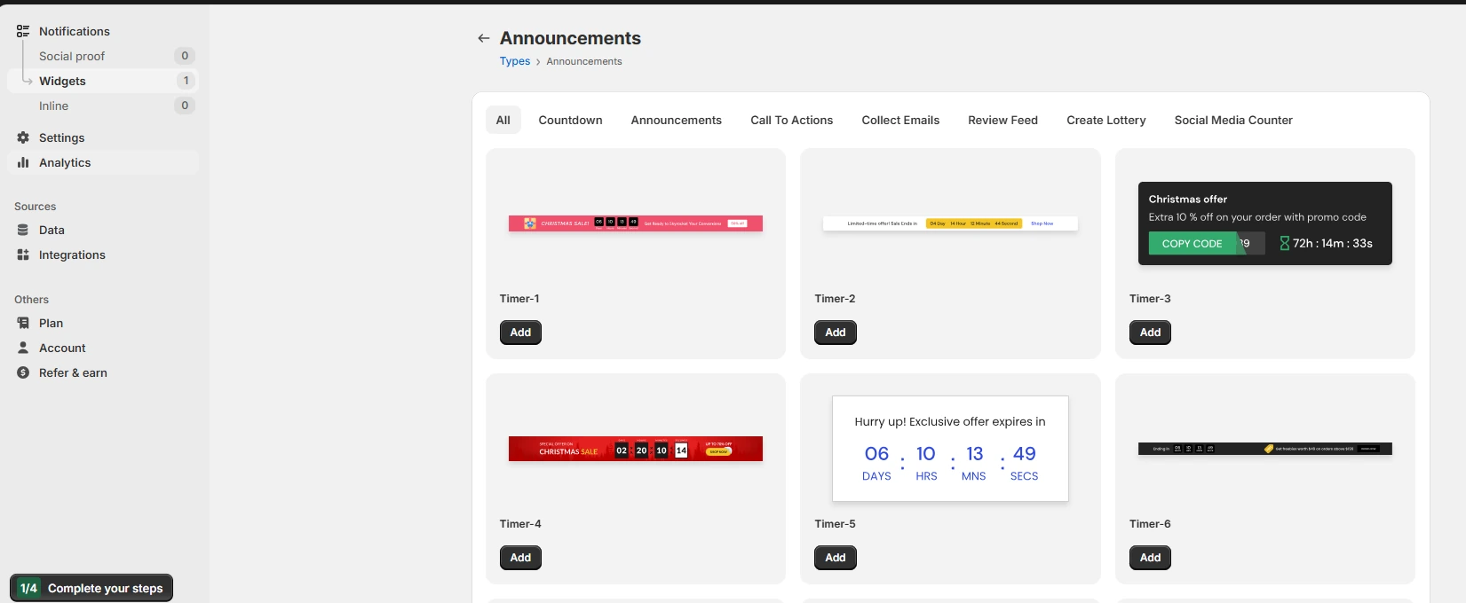 WiserNotify dashboard Widgets page with the Notifications and Widgets menu and widget types such as Countdown, Announcements and Call To Actions, each with an Add button