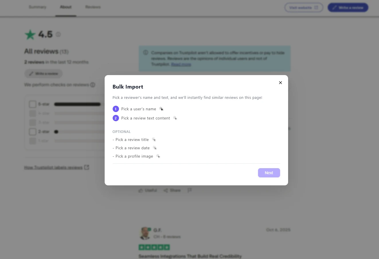 WiserReview Bulk Import window asking you to pick a reviewer name and review text on the page