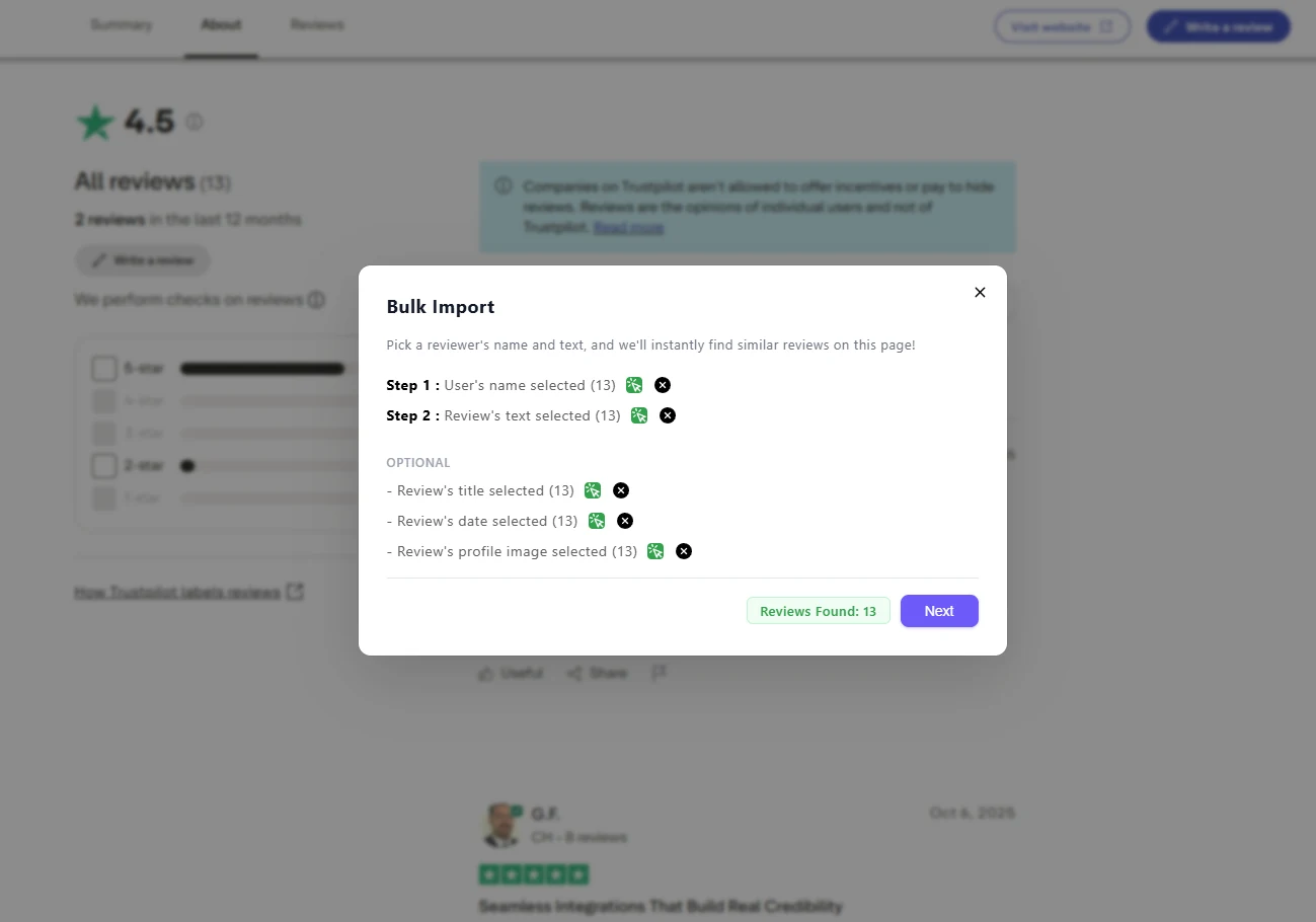 WiserReview Bulk Import window showing the reviews found on the page and the Next button