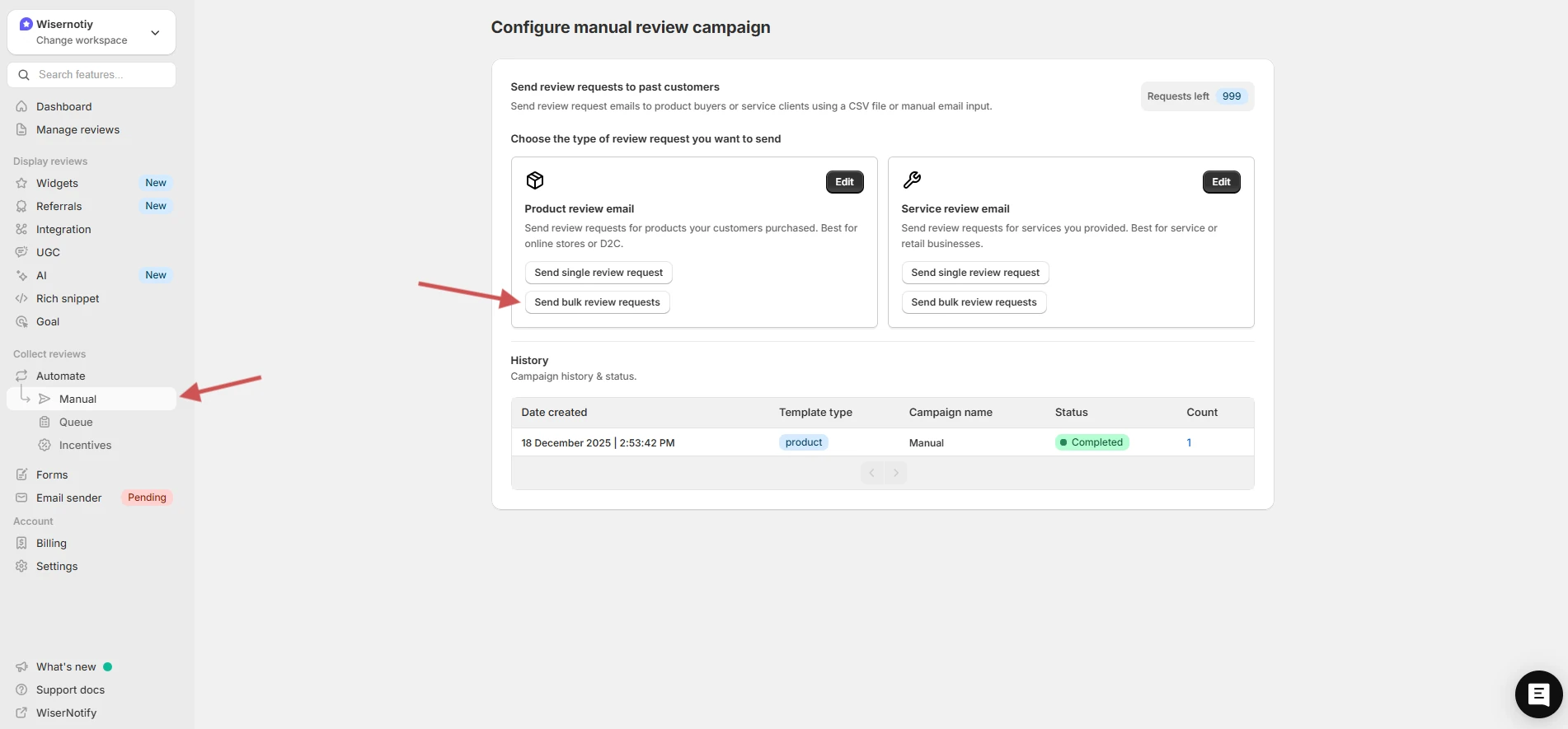 WiserReview Configure manual review campaign page with the Send bulk review requests button
