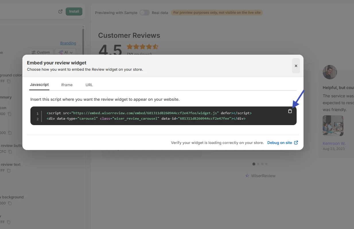 Embed popup for the WiserReview carousel with JavaScript, iFrame, and URL tabs