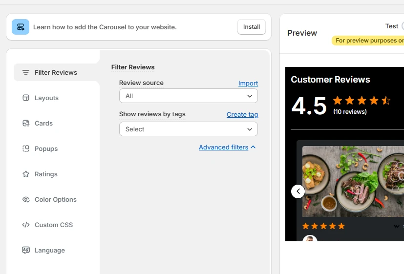 Filter Reviews panel in the carousel settings with review source and tag filters