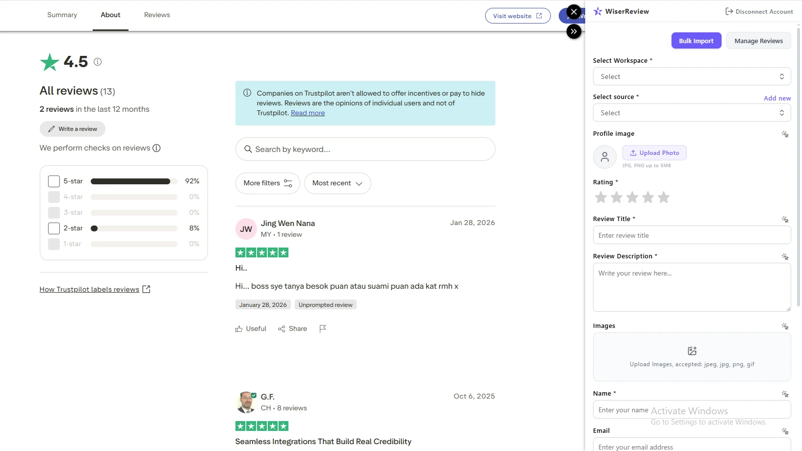 WiserReview Chrome extension panel open beside a review page, with the Bulk import button