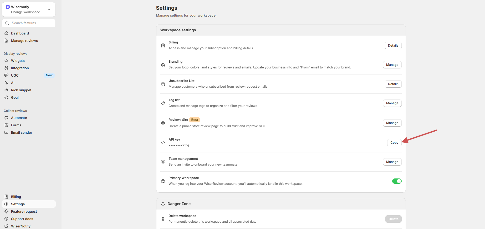 Copying the API key from WiserReview workspace settings
