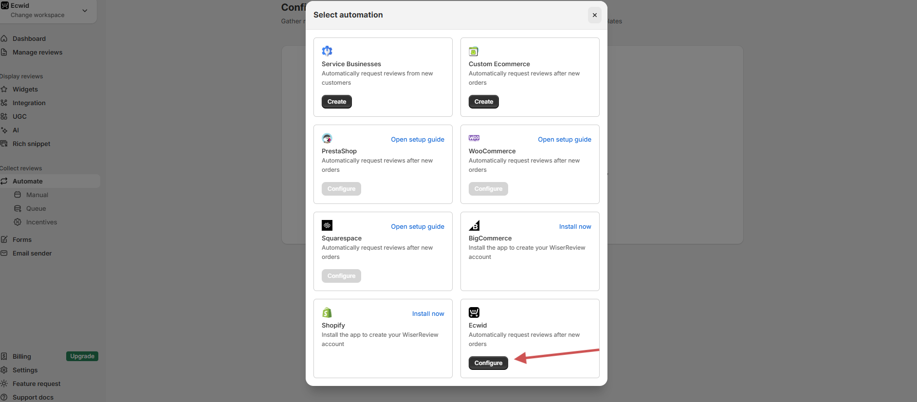 WiserReview Select automation window with Ecwid and its Configure button marked