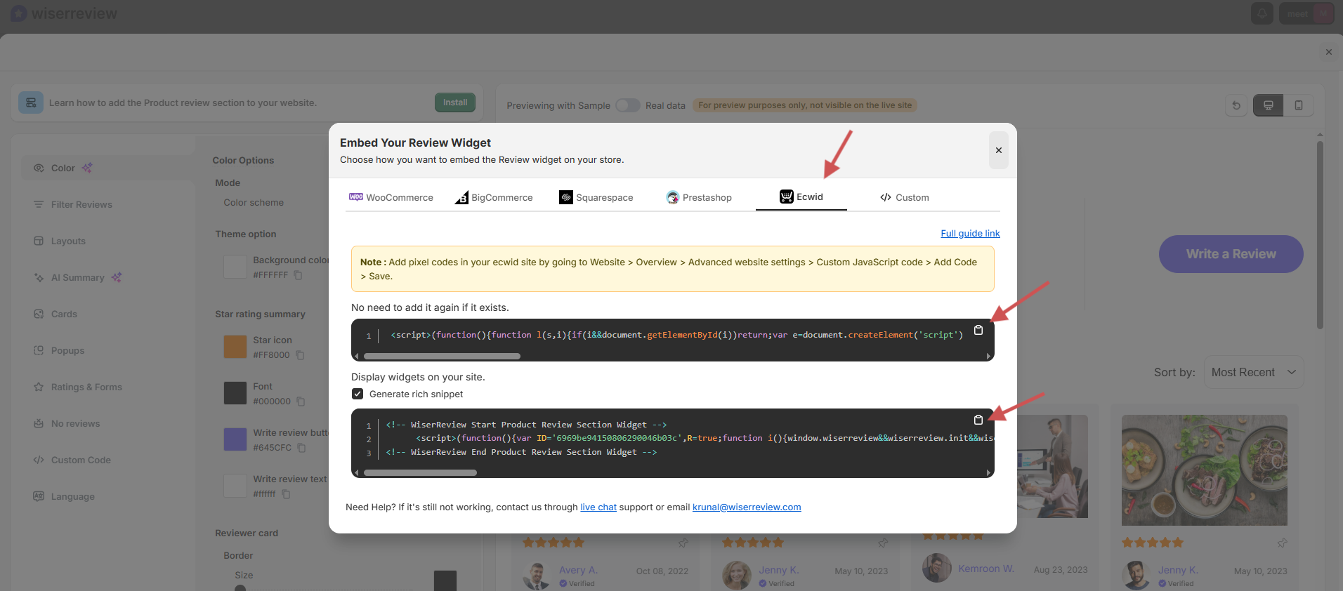 WiserReview Install window on the Ecwid tab showing the pixel script and the widget display script