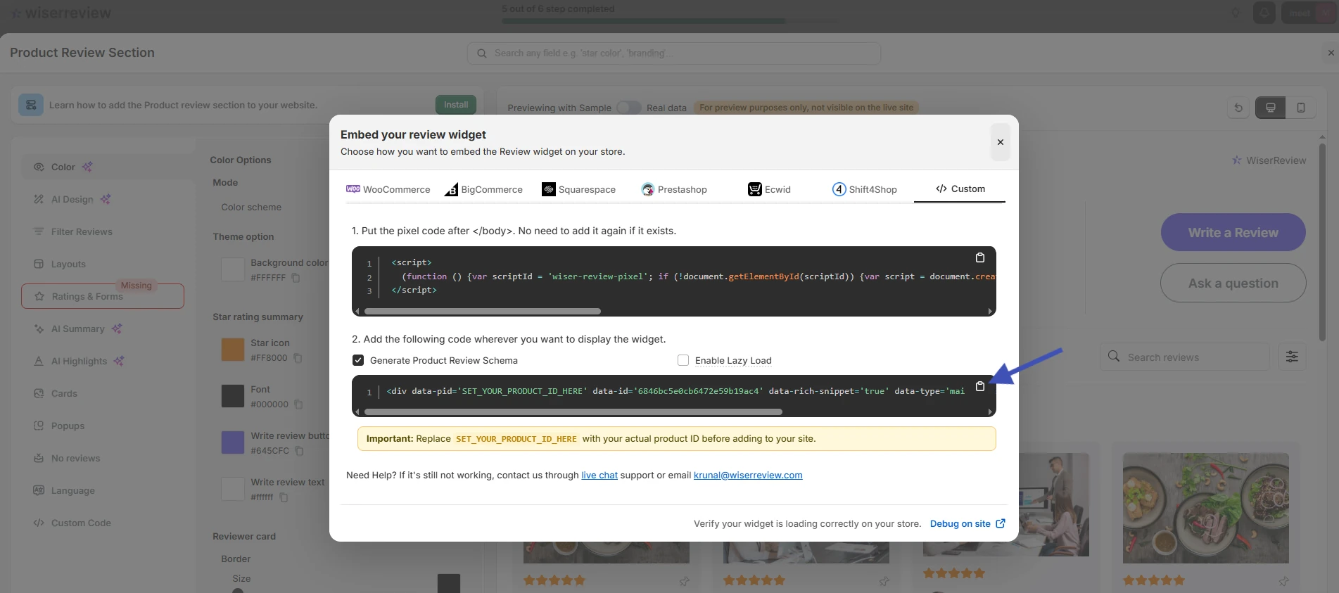WiserReview embed window on the Custom tab with Generate Product Review Schema ticked, the pixel code, and the product review widget code to copy