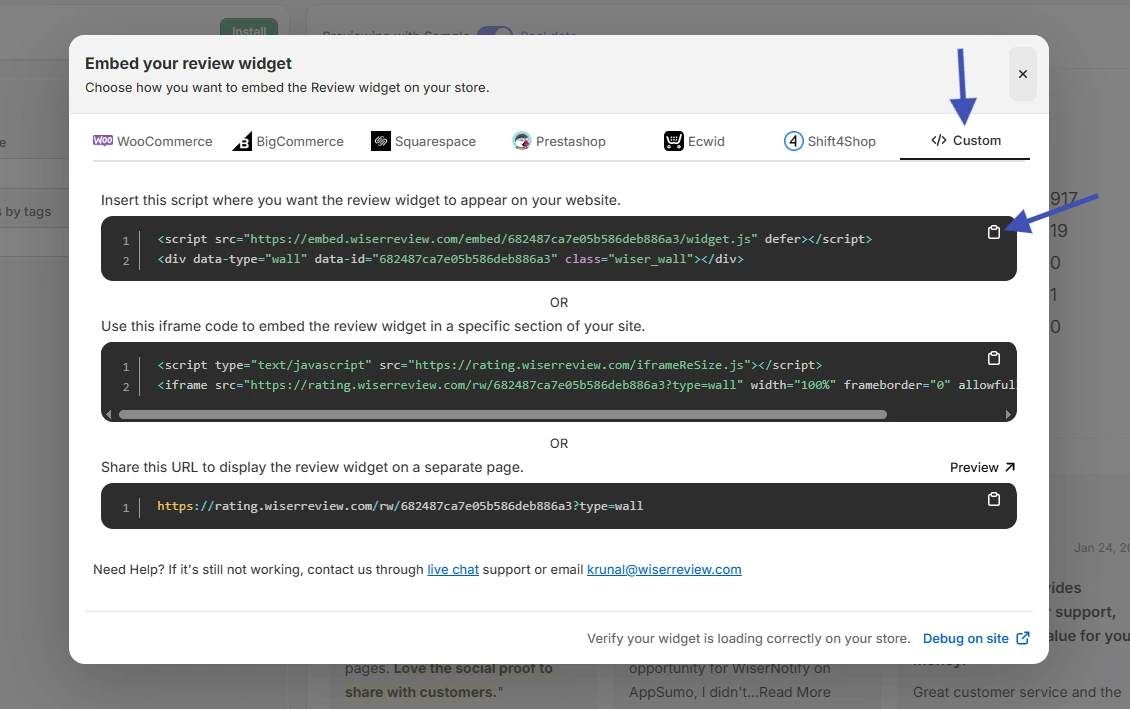 WiserReview Embed your review widget window showing the JavaScript code, iframe code, and Share URL