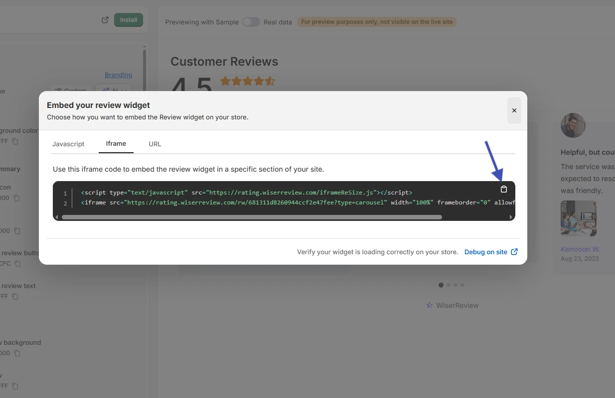 WiserReview Embed your review widget window with the Iframe tab open