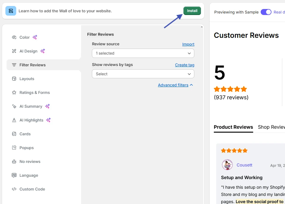 WiserReview widget editor Filter Reviews panel with the review source and the Install button