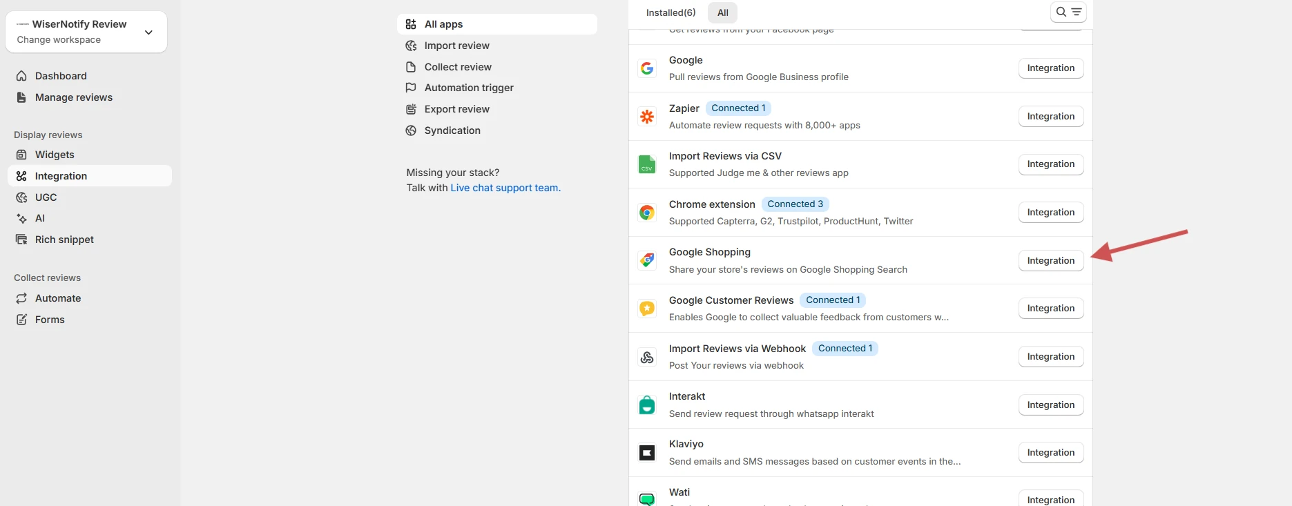 WiserReview Integrations list with the Google Shopping integration