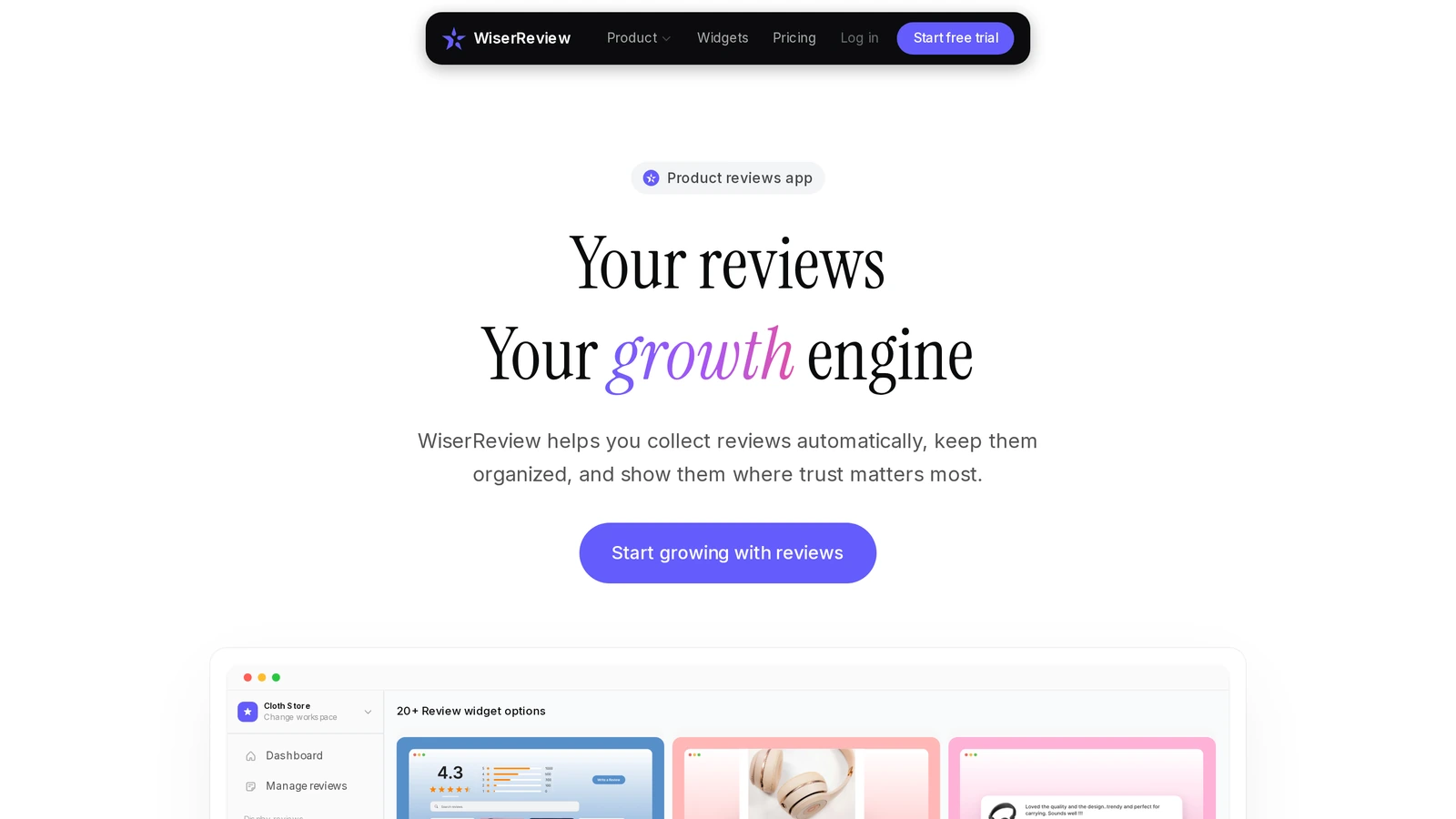 WiserReview homepage for collecting and displaying product reviews