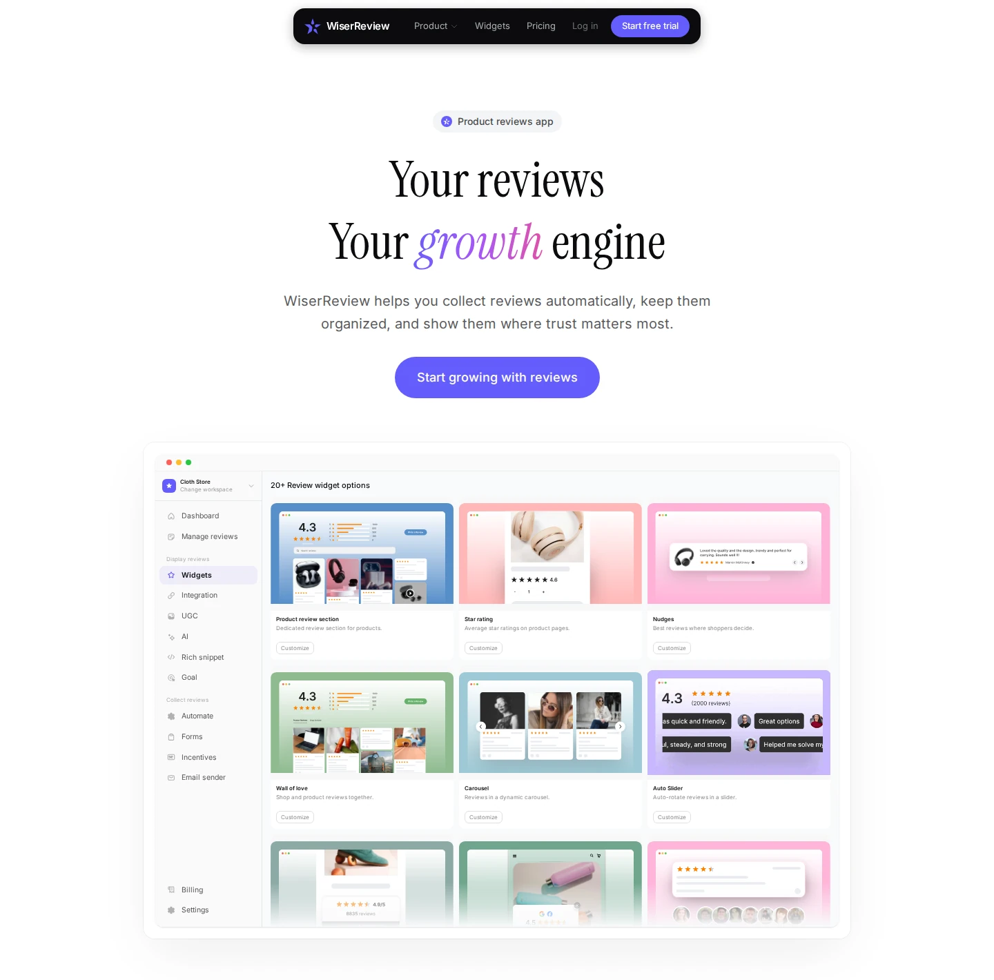WiserReview homepage with the review widget dashboard