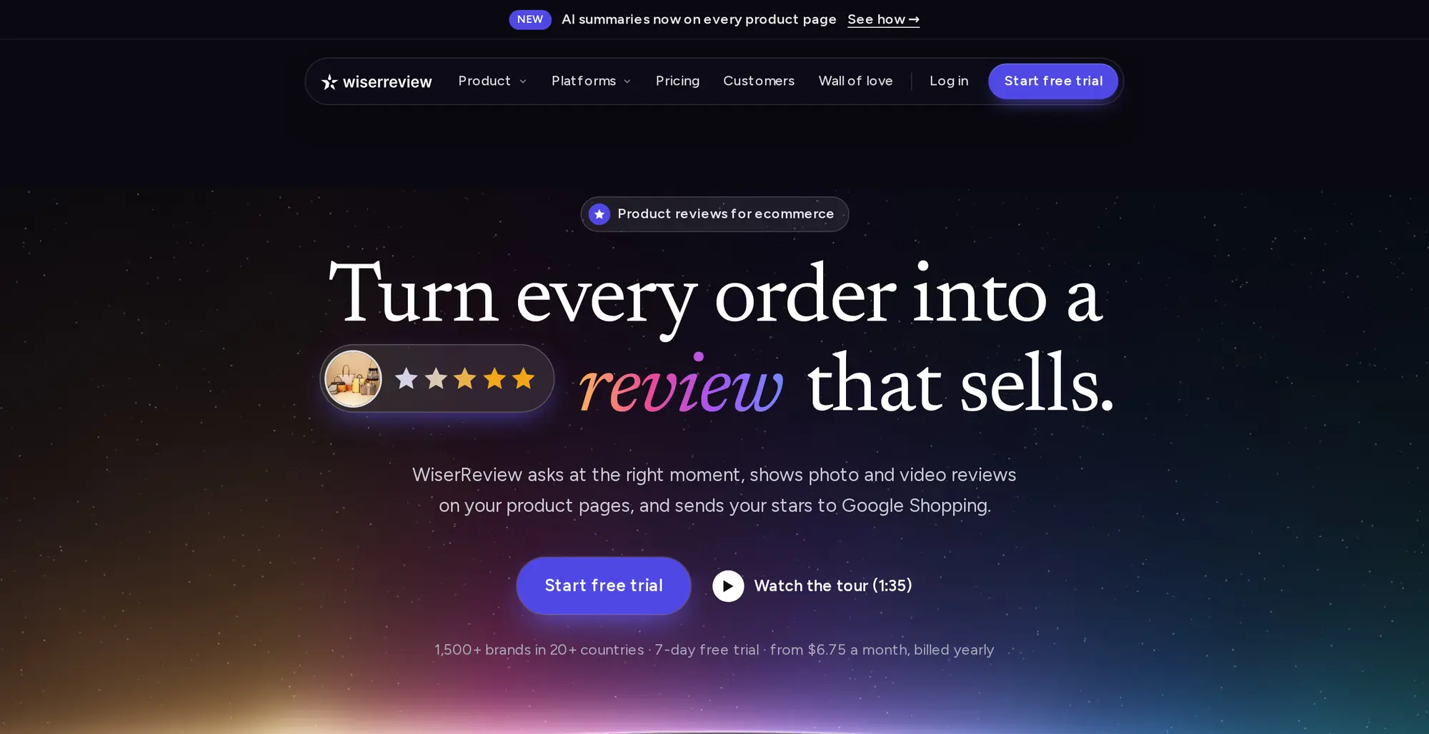 WiserReview homepage with the Turn every order into a review that sells headline, the Start free trial button and the Watch the tour link