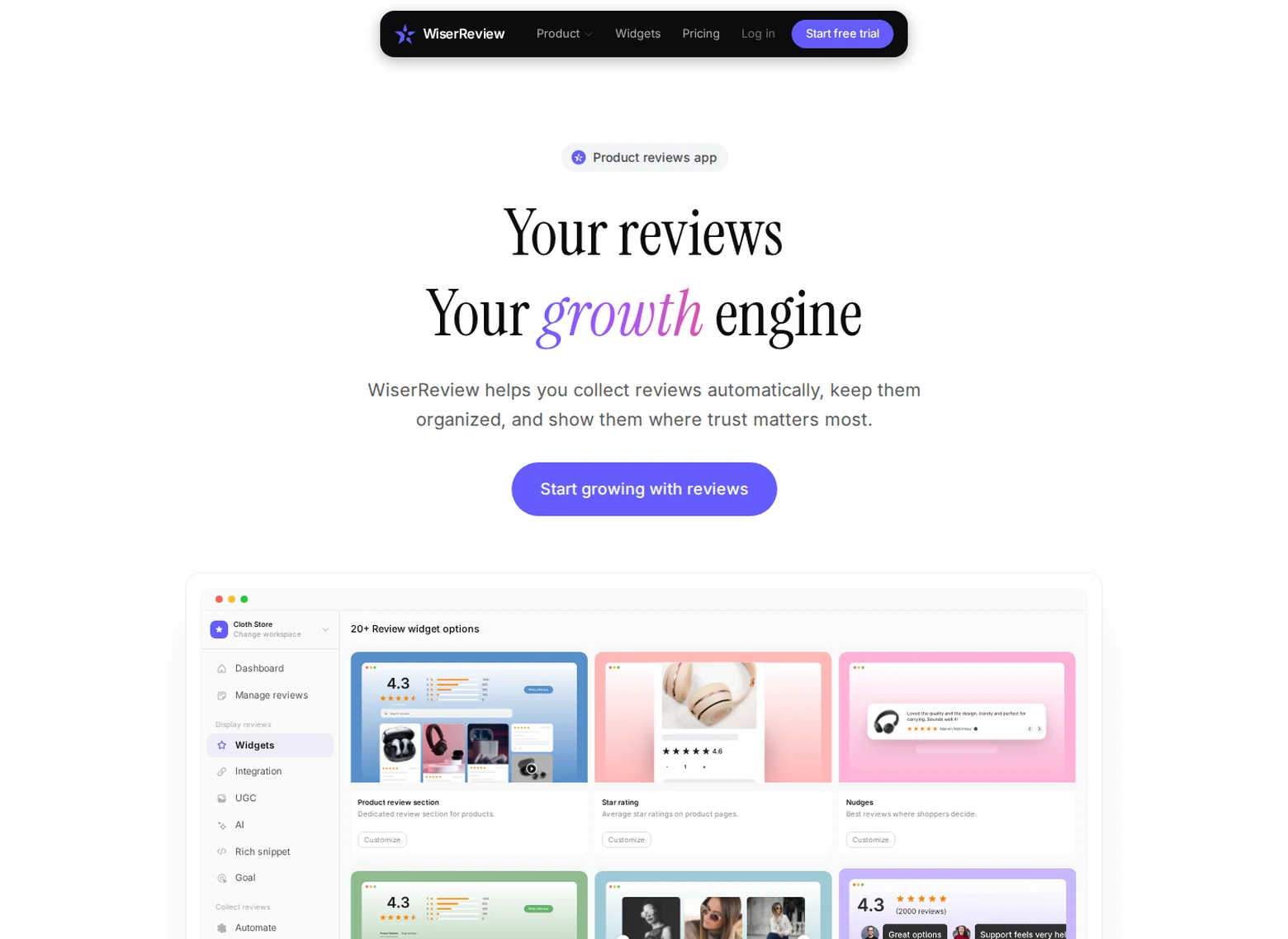 WiserReview homepage with the Your reviews, Your growth engine headline and the widget options dashboard
