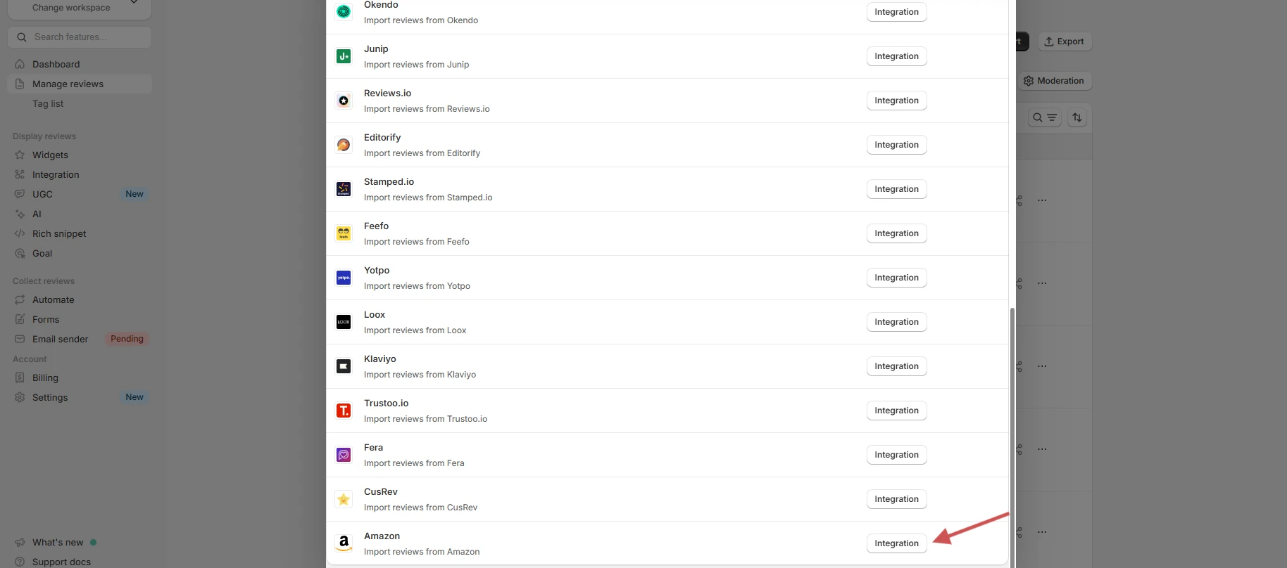 WiserReview import sources list with the Amazon integration