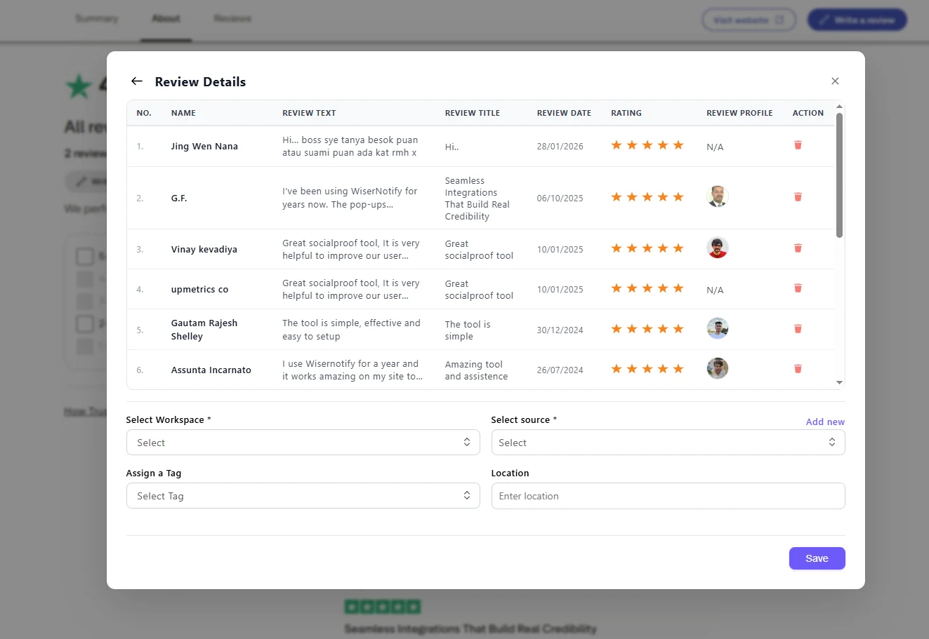 WiserReview Review Details window with the captured reviews, workspace and source fields, tag, location and Save button