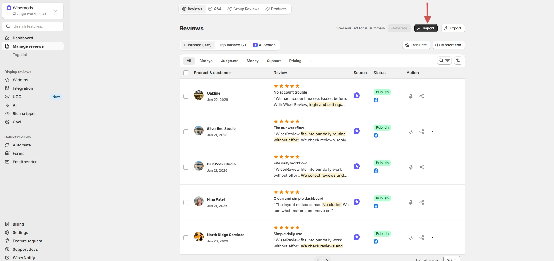WiserReview Manage Reviews page with the Import button for bringing in existing reviews