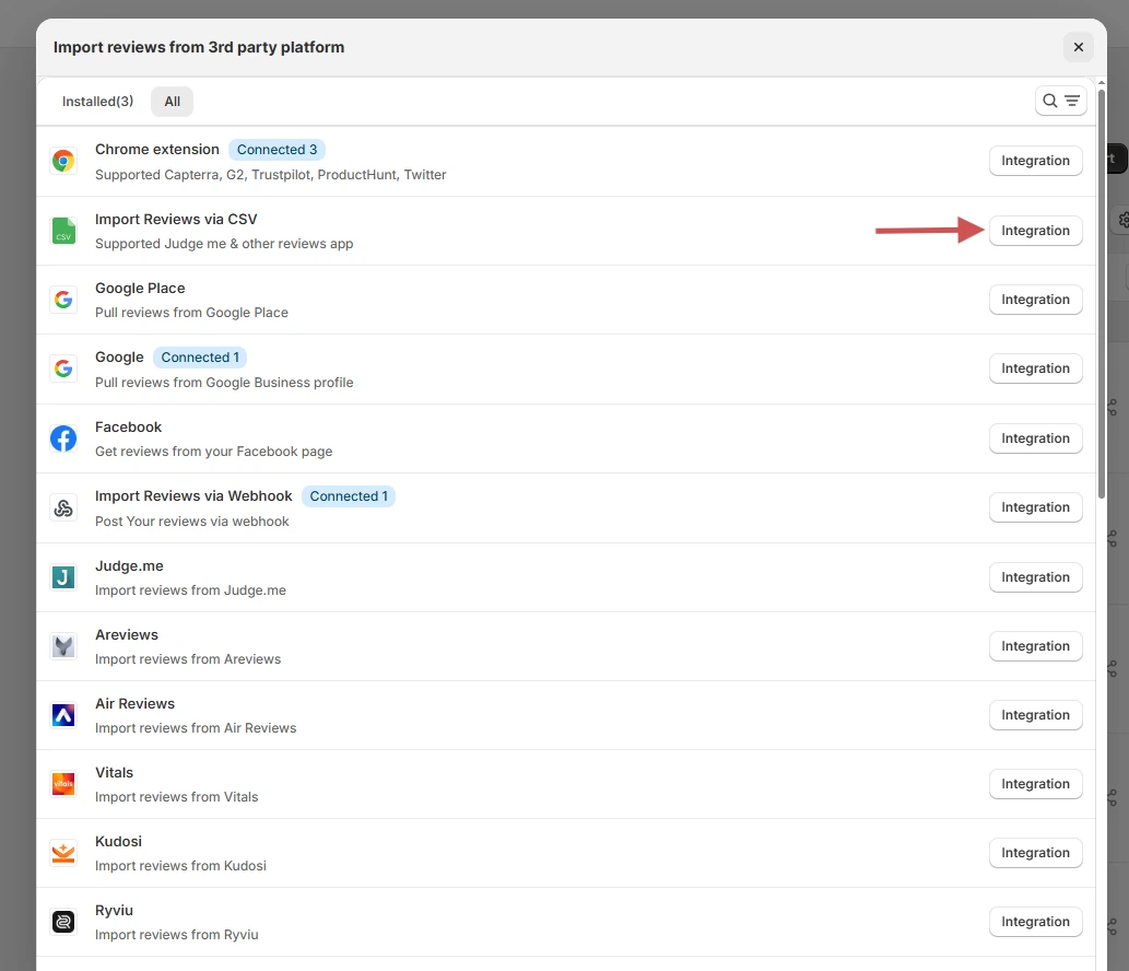 WiserReview Import reviews from 3rd party platform window listing sources such as Import Reviews via CSV, Google, and Facebook