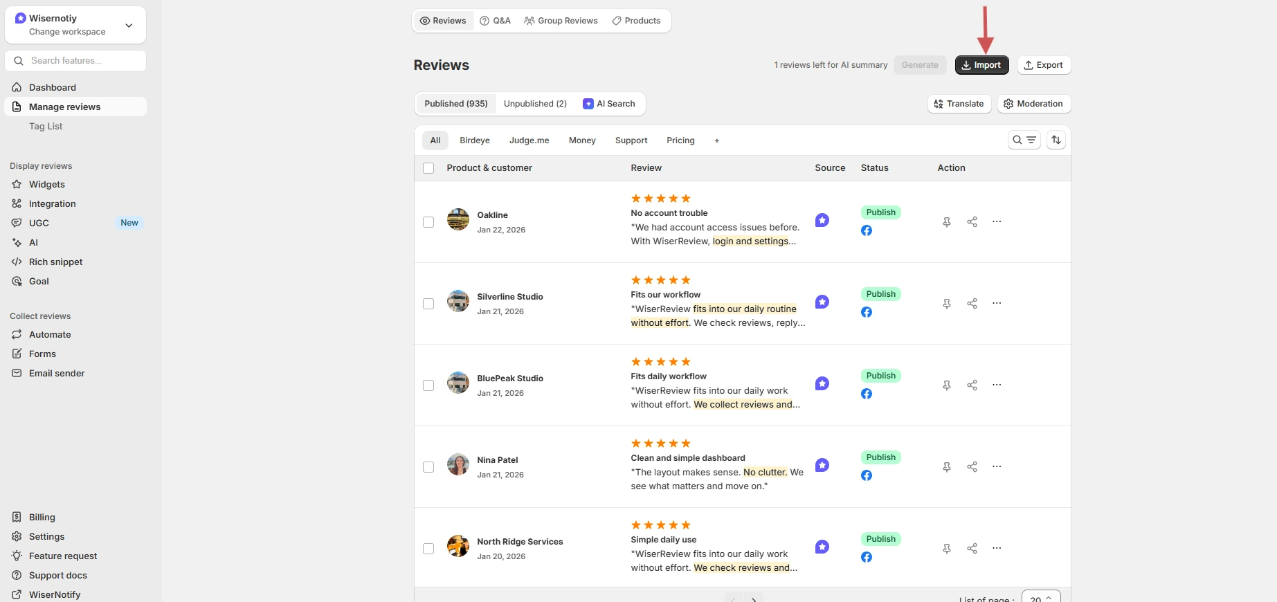 WiserReview Manage reviews page with the Import button highlighted at the top right