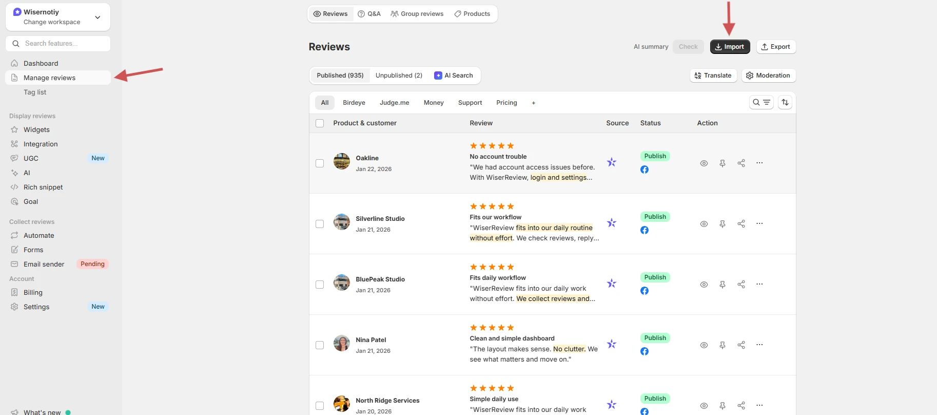 WiserReview Manage Reviews page with the Import button