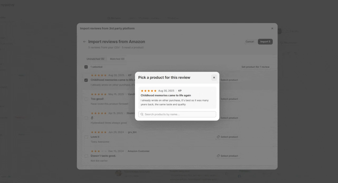 WiserReview Import reviews from Amazon window with Pick a product for this review