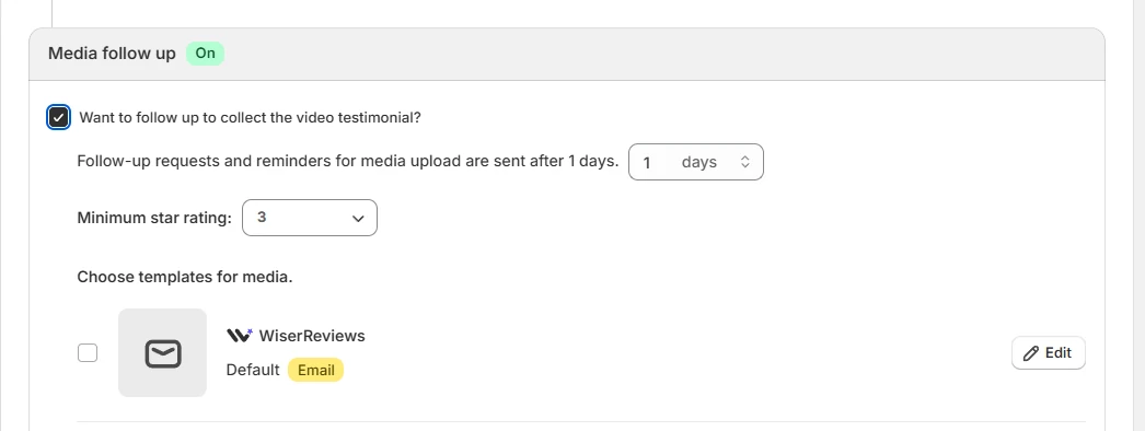 WiserReview media follow-up setting with delay and minimum star rating