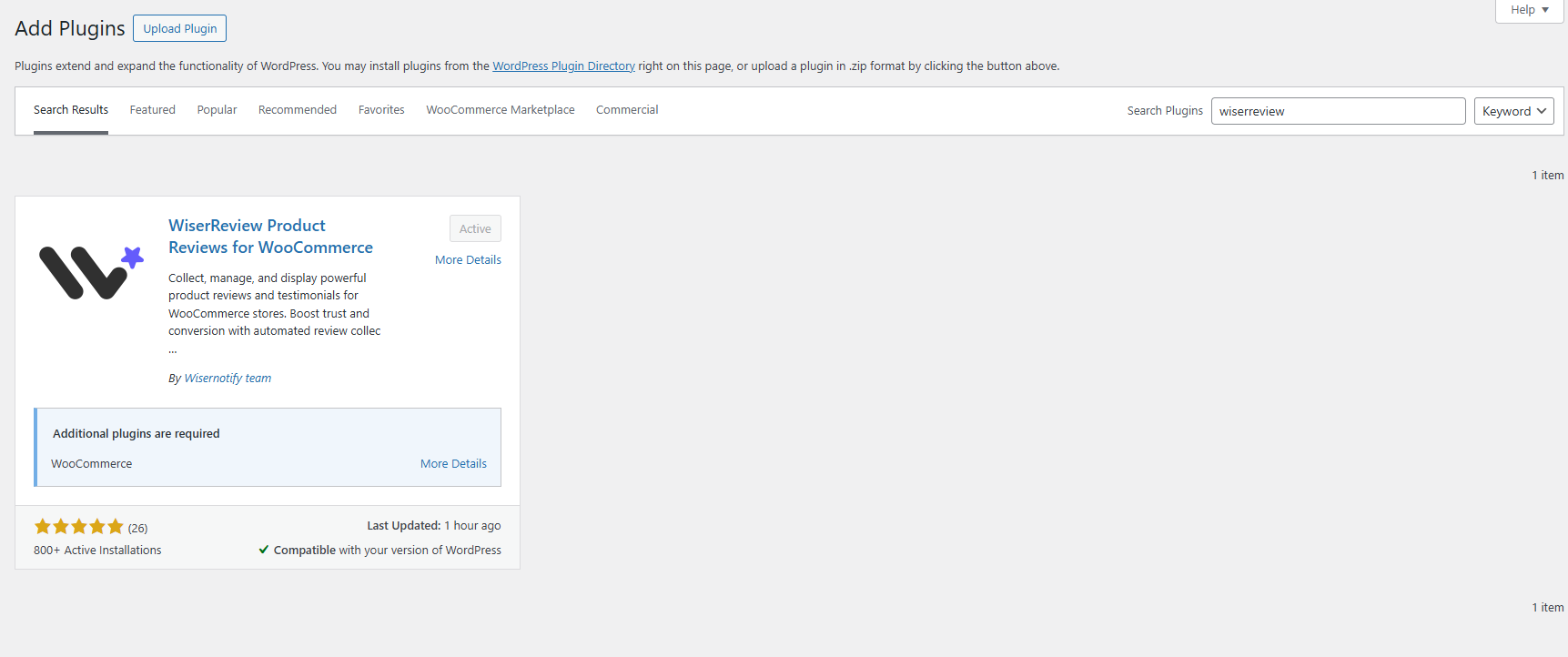 Searching for the WiserReview plugin in WordPress Add Plugins