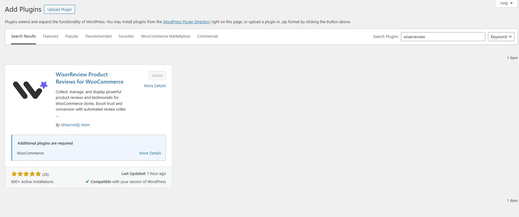 WordPress Add Plugins screen with WiserReview Product Review for WooCommerce in the search results