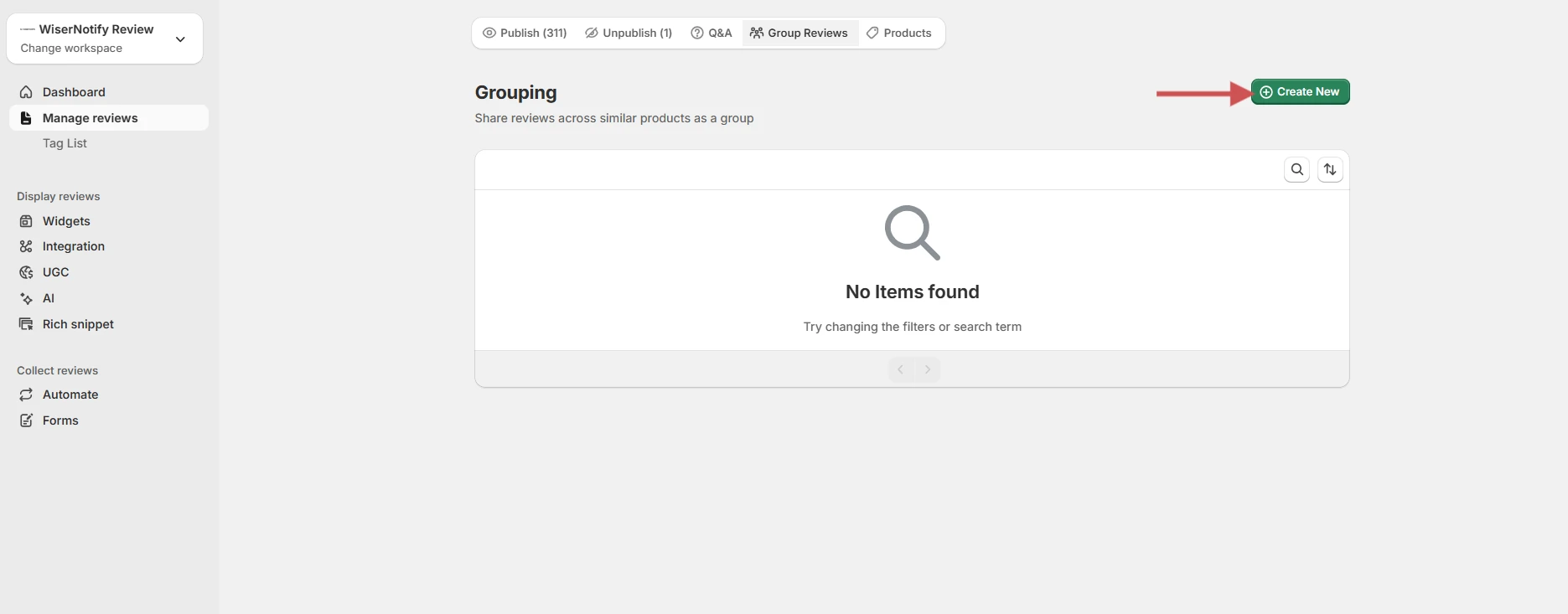 WiserReview Product Grouping page with the Create Group button