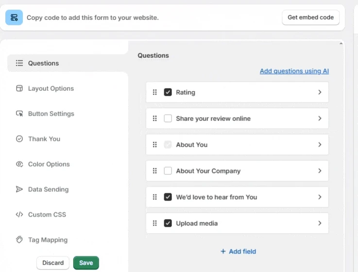 WiserReview form editor with the Questions tab showing Rating, About You and a text block